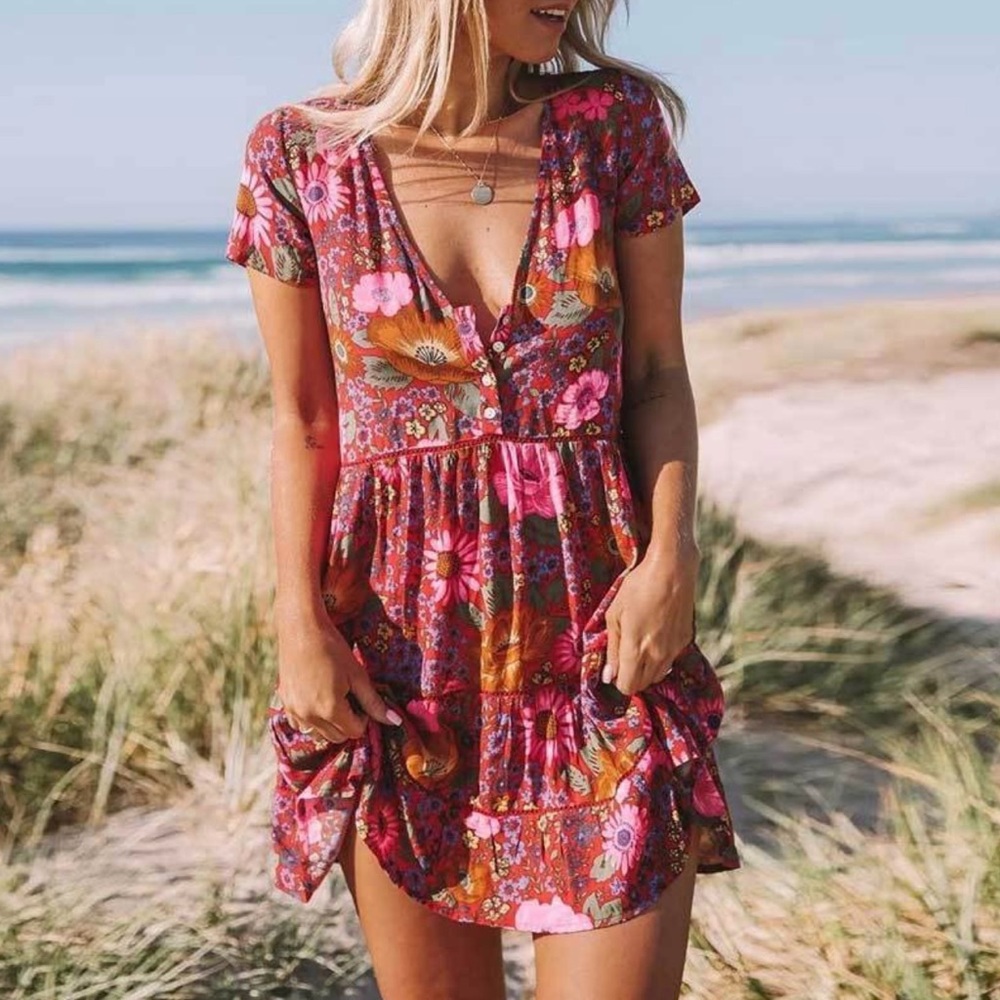 Boho Daisy Floral Print Mini Dress.